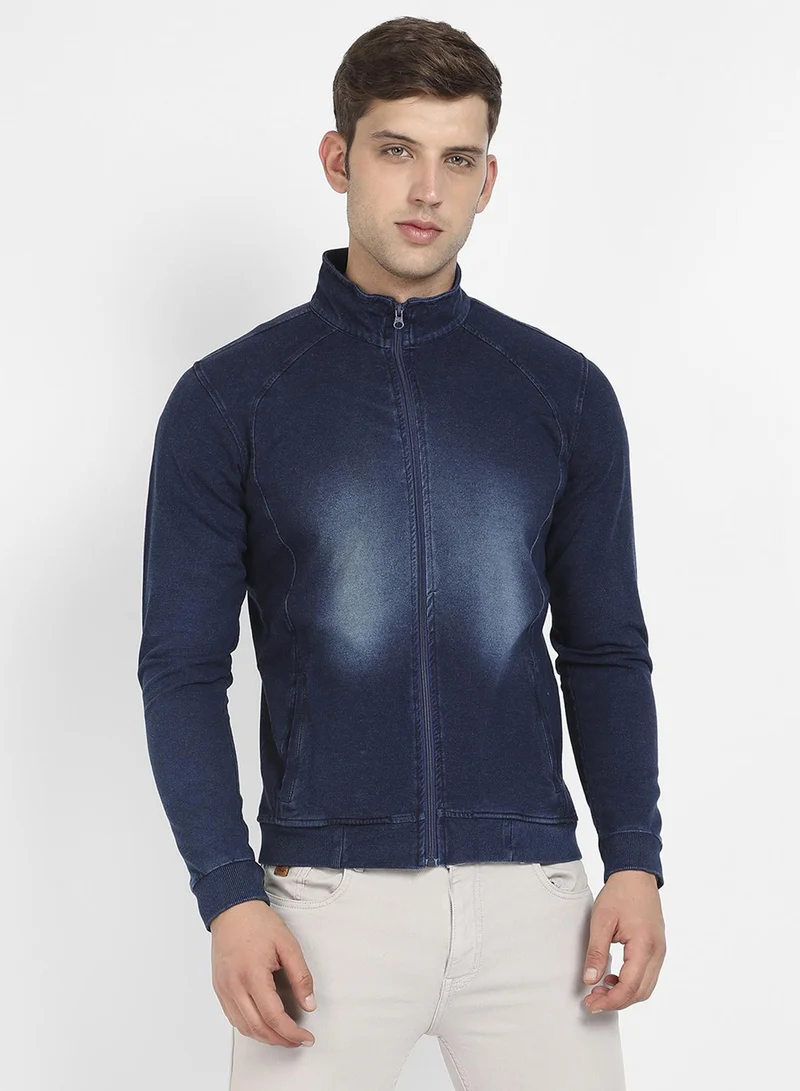 Campus Sutra Men's Navy Blue Denim-Tint Zip-Front Jacket