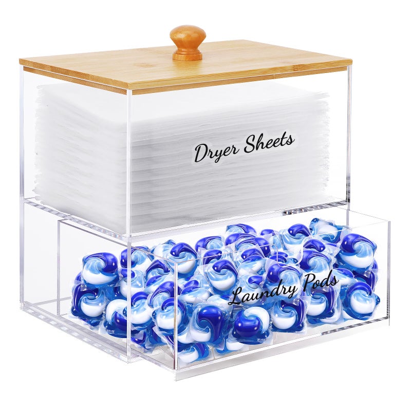 JYPS 11 Acrylic Dryer Sheet Holder with Drawer and Bamboo Lid Clear Acrylic LargeCapacity Laundry Pods Container Scent Boosters  Powder Laundry Room Organization decor Storage Jars Set