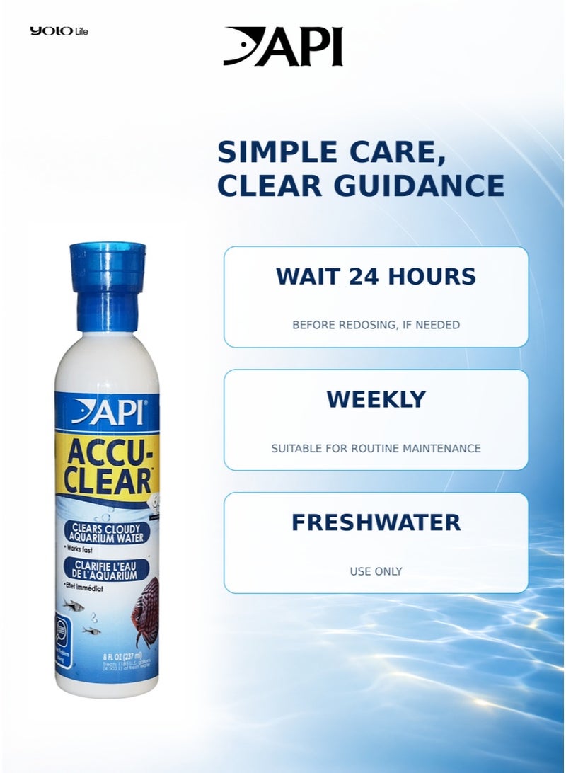 ايه بي آي API Accu-Clear 8 أونصة منقي مياه حوض السمك، 236 مل علاج لخزان الأسماك للمياه العكرة والخضراء، 2 مل لكل 10 جالون، يصفي خلال ساعات، آمن للأسماك والنباتات، للمياه العذبة - Image 3