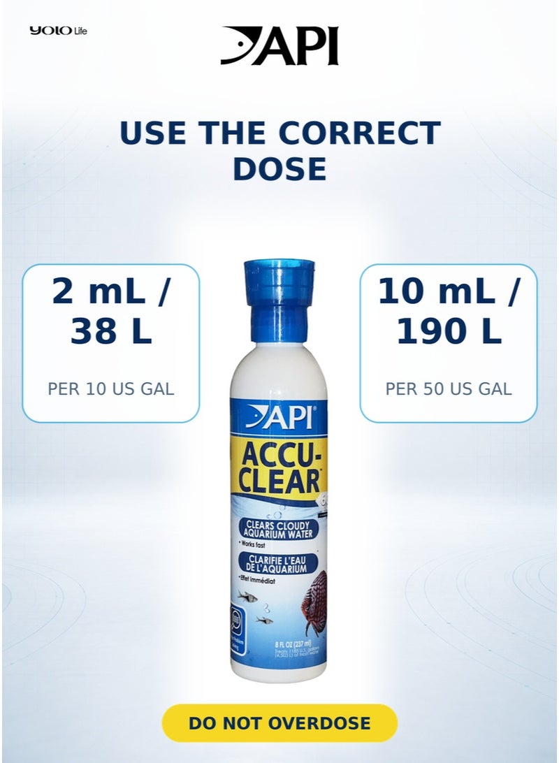 ايه بي آي API Accu-Clear 8 أونصة منقي مياه حوض السمك، 236 مل علاج لخزان الأسماك للمياه العكرة والخضراء، 2 مل لكل 10 جالون، يصفي خلال ساعات، آمن للأسماك والنباتات، للمياه العذبة - Image 4
