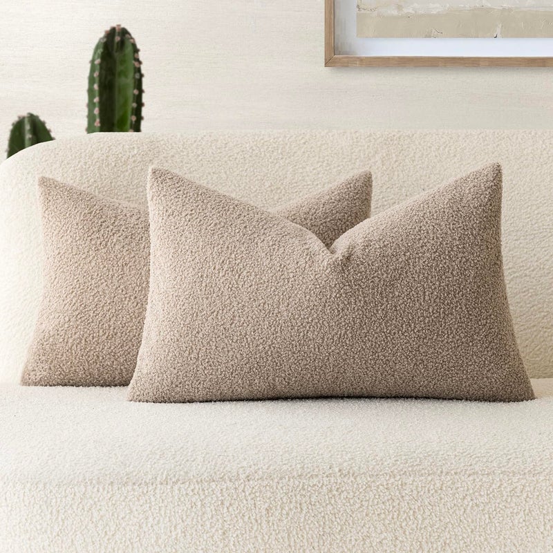 Foindtower Pack of 2 Curly Faux Fur Decorative Throw Pillow Covers Soft Neutral Plush Cushion Case with Zipper Cozy Fluffy Pillowcase for Home Living Room Couch Bedroom Bed Sofa 12 x 20 Inch Beige