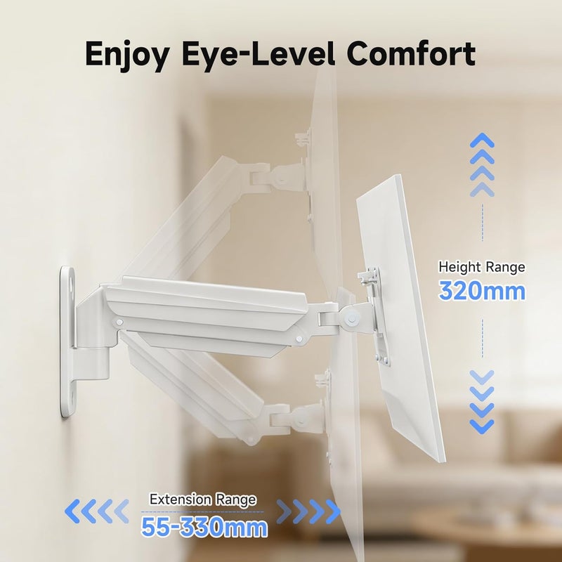 سوبتيكس حامل شاشة سوبتيك للجدار للشاشات LED/LCD/TV مقاس 13-32 بوصة حتى 9 كجم، حامل شاشة مزود بنابض غاز قابل للتعديل بالكامل، قابل لضبط الارتفاع، والميل، والدوران، والاستدارة، VESA 75/100، أبيض - Image 3