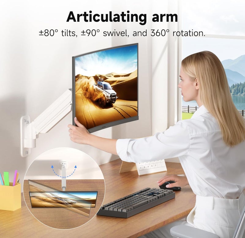 سوبتيكس حامل شاشة سوبتيك للجدار للشاشات LED/LCD/TV مقاس 13-32 بوصة حتى 9 كجم، حامل شاشة مزود بنابض غاز قابل للتعديل بالكامل، قابل لضبط الارتفاع، والميل، والدوران، والاستدارة، VESA 75/100، أبيض - Image 5