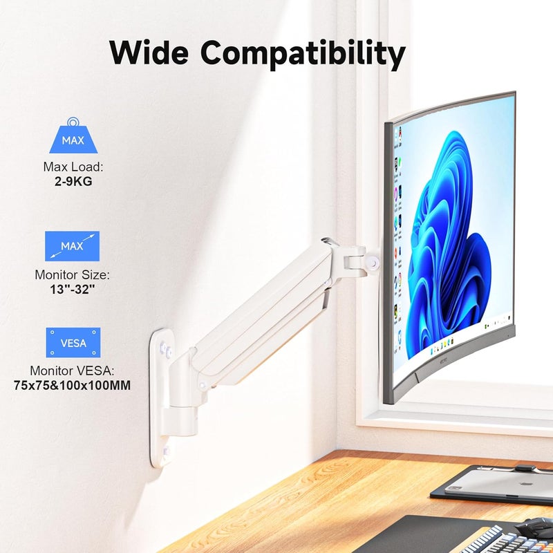 سوبتيكس حامل شاشة سوبتيك للجدار للشاشات LED/LCD/TV مقاس 13-32 بوصة حتى 9 كجم، حامل شاشة مزود بنابض غاز قابل للتعديل بالكامل، قابل لضبط الارتفاع، والميل، والدوران، والاستدارة، VESA 75/100، أبيض - Image 2
