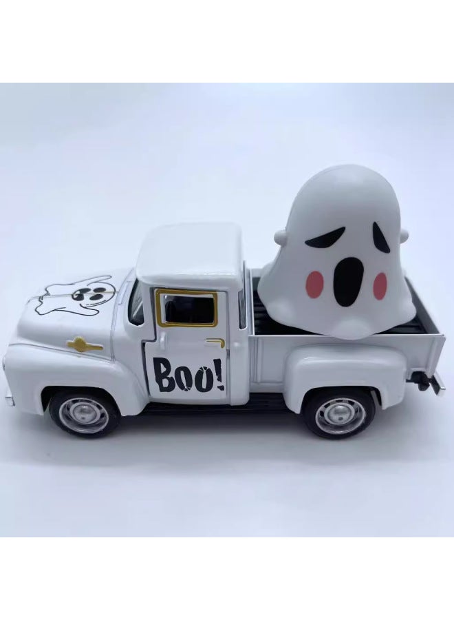 Loquat Alloy Car Model Alloy Back Car Toy Retro Pickup  Toy Craft Ornaments Back Car Ghost Festival-color:White Car + White Ghost Head - Image 3