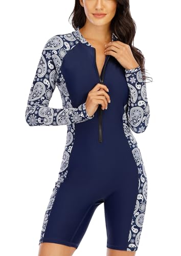 Halcurt Womens Boyleg One Piece Rash Guard with Built in Bra Zip Front UPF50 Long Sleeve Full Body Surfing Swimsuit Navy Paisley S - Image 1