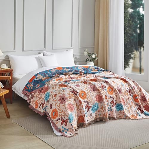 SE SOFTEXLY Boho Throw Blanket for Bed 60”x80”, 100% Cotton Woven Blanket for Couch Sofa, Ultra Soft 4-Layer Muslin Quilt with Floral Printed, Farmhouse Bed Blanket/Cover for Living Room Decor - Image 3