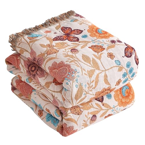 SE SOFTEXLY Boho Throw Blanket for Bed 60”x80”, 100% Cotton Woven Blanket for Couch Sofa, Ultra Soft 4-Layer Muslin Quilt with Floral Printed, Farmhouse Bed Blanket/Cover for Living Room Decor - Image 1