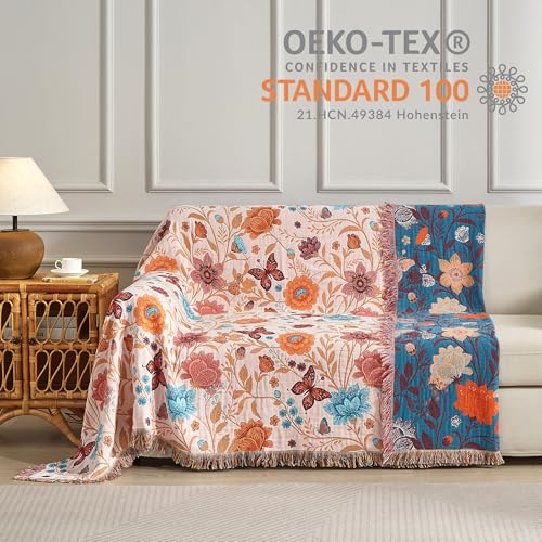 SE SOFTEXLY Boho Throw Blanket for Bed 60”x80”, 100% Cotton Woven Blanket for Couch Sofa, Ultra Soft 4-Layer Muslin Quilt with Floral Printed, Farmhouse Bed Blanket/Cover for Living Room Decor - Image 4