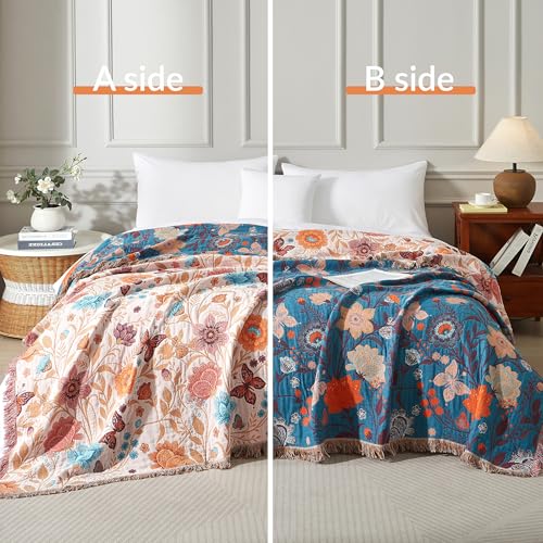 SE SOFTEXLY Boho Throw Blanket for Bed 60”x80”, 100% Cotton Woven Blanket for Couch Sofa, Ultra Soft 4-Layer Muslin Quilt with Floral Printed, Farmhouse Bed Blanket/Cover for Living Room Decor - Image 2