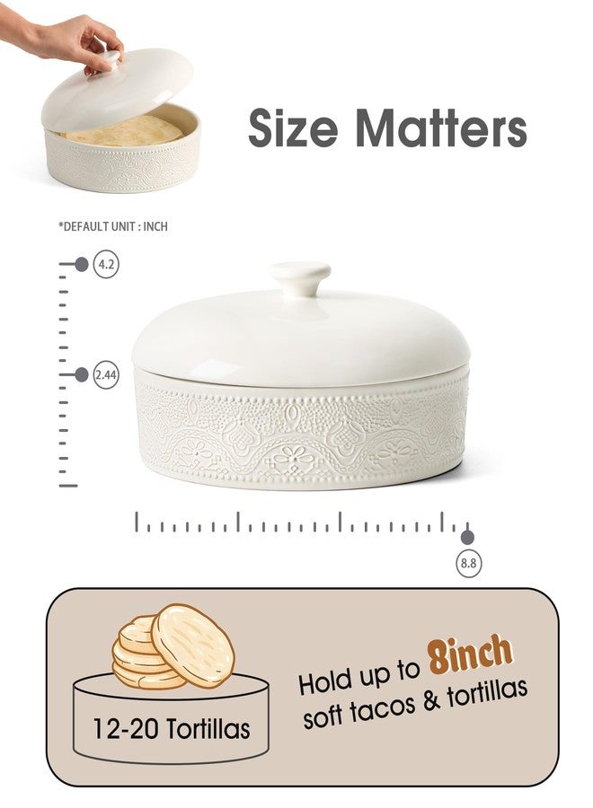 FE FUN ELEMENTS FE Ceramic Tortilla Warmer,Lace Emboss 8.8 Inch Tortilla Holder with Lid for Taco Tuesday, Mexican Night and Party,Taco Bread Pancake,Tortilleros Para Las Tortillas Caliente (Bright White) - Image 2