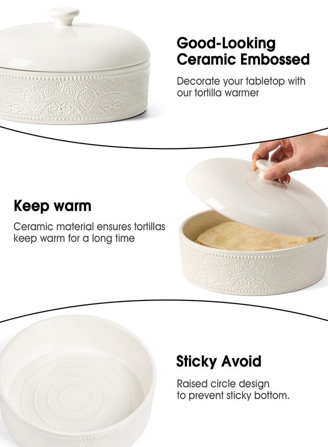 FE FUN ELEMENTS FE Ceramic Tortilla Warmer,Lace Emboss 8.8 Inch Tortilla Holder with Lid for Taco Tuesday, Mexican Night and Party,Taco Bread Pancake,Tortilleros Para Las Tortillas Caliente (Bright White) - Image 5