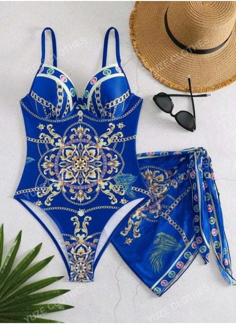 SHEIN Floral Print Spaghetti Strap Bodysuit With Skirt And Swimsuit
