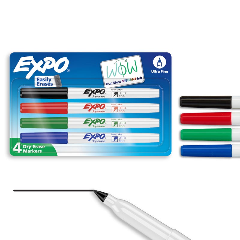 EXPO Dry Erase Markers, Low Odor Ink, Assorted Colors, Ultra Fine Tip, 4 Count - Whiteboard, Calendar, Organization, Essential Supplies for Office, School, Classroom, Teachers - Image 1