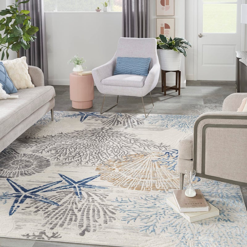 Nourison Home Pompeii Ivory Grey Blue 7'10" x 9'10" Area Rug - Easy Clean, Non Shedding, Bed Room, Living Room, Dining Room, Kitchen (8' x 10') - Image 1