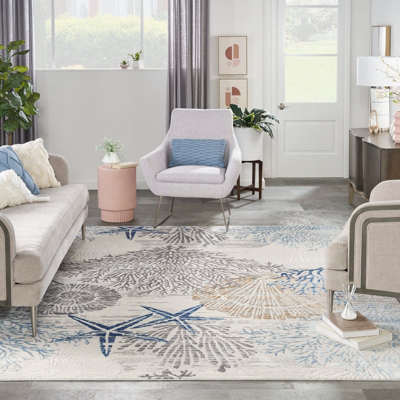 Nourison Home Pompeii Ivory Grey Blue 7'10" x 9'10" Area Rug - Easy Clean, Non Shedding, Bed Room, Living Room, Dining Room, Kitchen (8' x 10') - Image 4