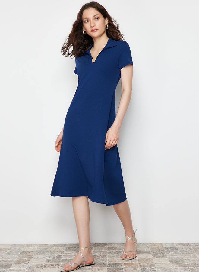 trendyol Navy Blue Polo Neck Skater/Waist Opened Cotton Stretchy Knitted Midi Dress - Image 1