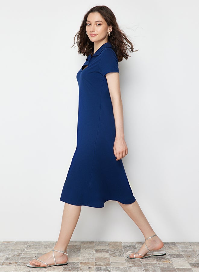 trendyol Navy Blue Polo Neck Skater/Waist Opened Cotton Stretchy Knitted Midi Dress - Image 3