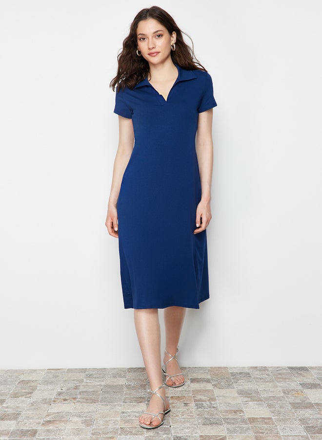 trendyol Navy Blue Polo Neck Skater/Waist Opened Cotton Stretchy Knitted Midi Dress - Image 2