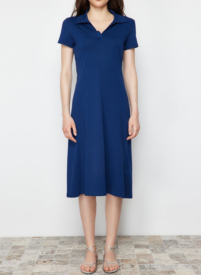 trendyol Navy Blue Polo Neck Skater/Waist Opened Cotton Stretchy Knitted Midi Dress - Image 4