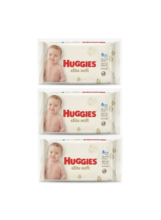 Huggies Elite Soft Baby Wipes, Pack of 3, 56 Sheets Each, Soft and Gentle Wet Wipes for Babies