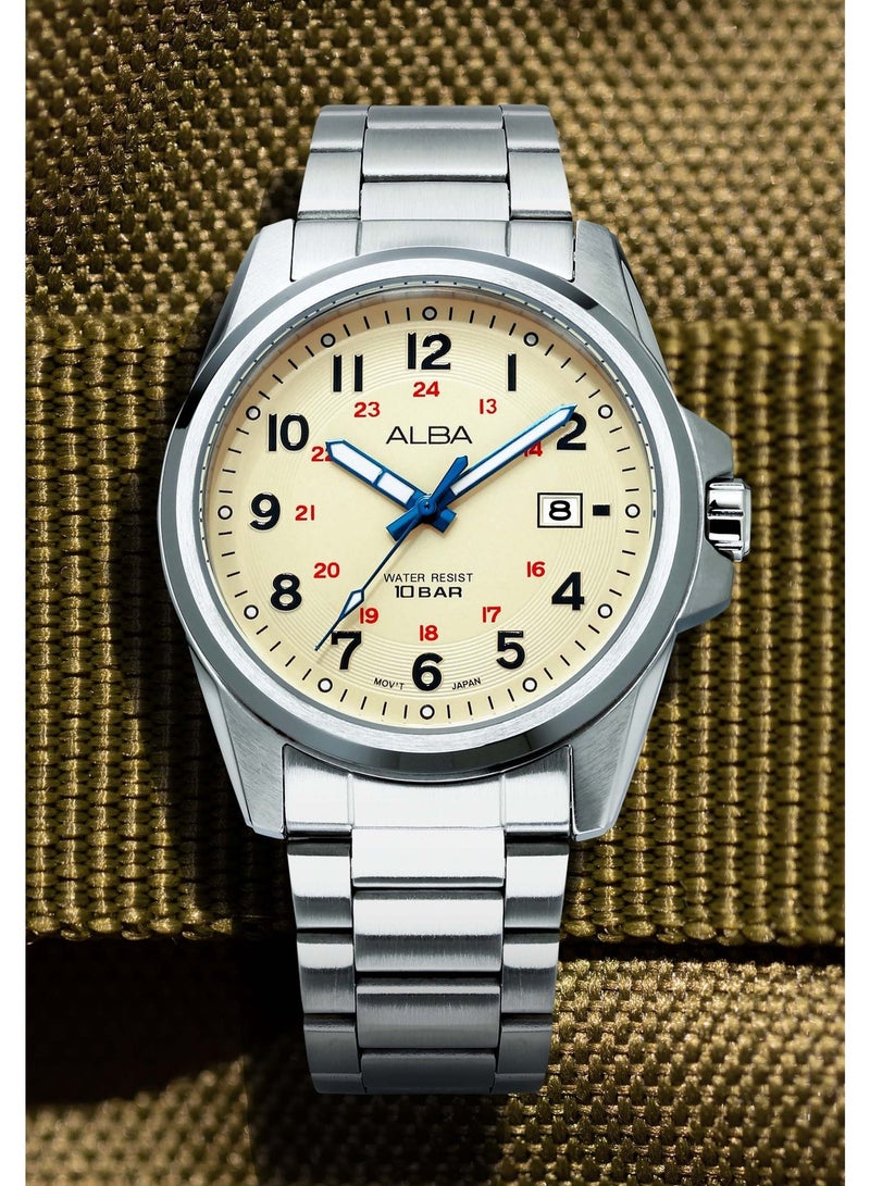 Alba Active Men’s Watch AS9W05X1, 42 mm Matte Cream Dial, Stainless Steel Case & Bracelet, 100 m WR - Image 1