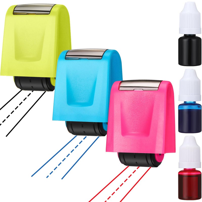 Sherr 3 Pcs Dashed Handwriting Lines Stamps with Pink Blue Green Inks Refill Practice Stamps Roller Self Inking Handwriting Rolling Tool for Teachers Parents Students Classroom School Office Supplies - Image 2
