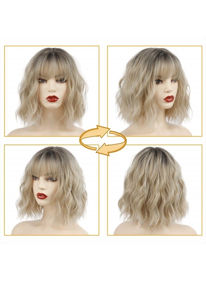 MISSQUEEN Short Ombre Blonde Wigs Wavy Bob Wig with Bangs Women Synthetic Curly Pastel Bob Wig for Girl Colorful Cosplay Wigs - Image 5
