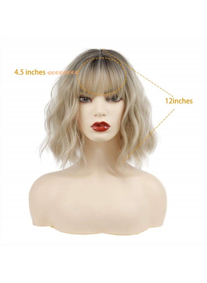 MISSQUEEN Short Ombre Blonde Wigs Wavy Bob Wig with Bangs Women Synthetic Curly Pastel Bob Wig for Girl Colorful Cosplay Wigs - Image 2