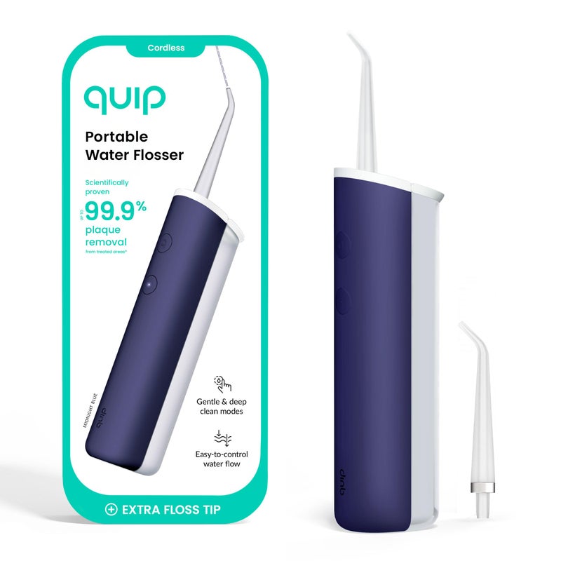quip جهاز تنظيف الأسنان بالماء من كويب مع رأس بديل - جهاز تنظيف الأسنان بالماء بدون سلك مع ضغط قابل للتعديل - أداة تنظيف الأسنان مع رأس قابل للتدوير بزاوية 360 درجة، أداة تنظيف الأسنان بالماء قابلة لإعادة الشحن - أزرق منتصف الليل - Image 1