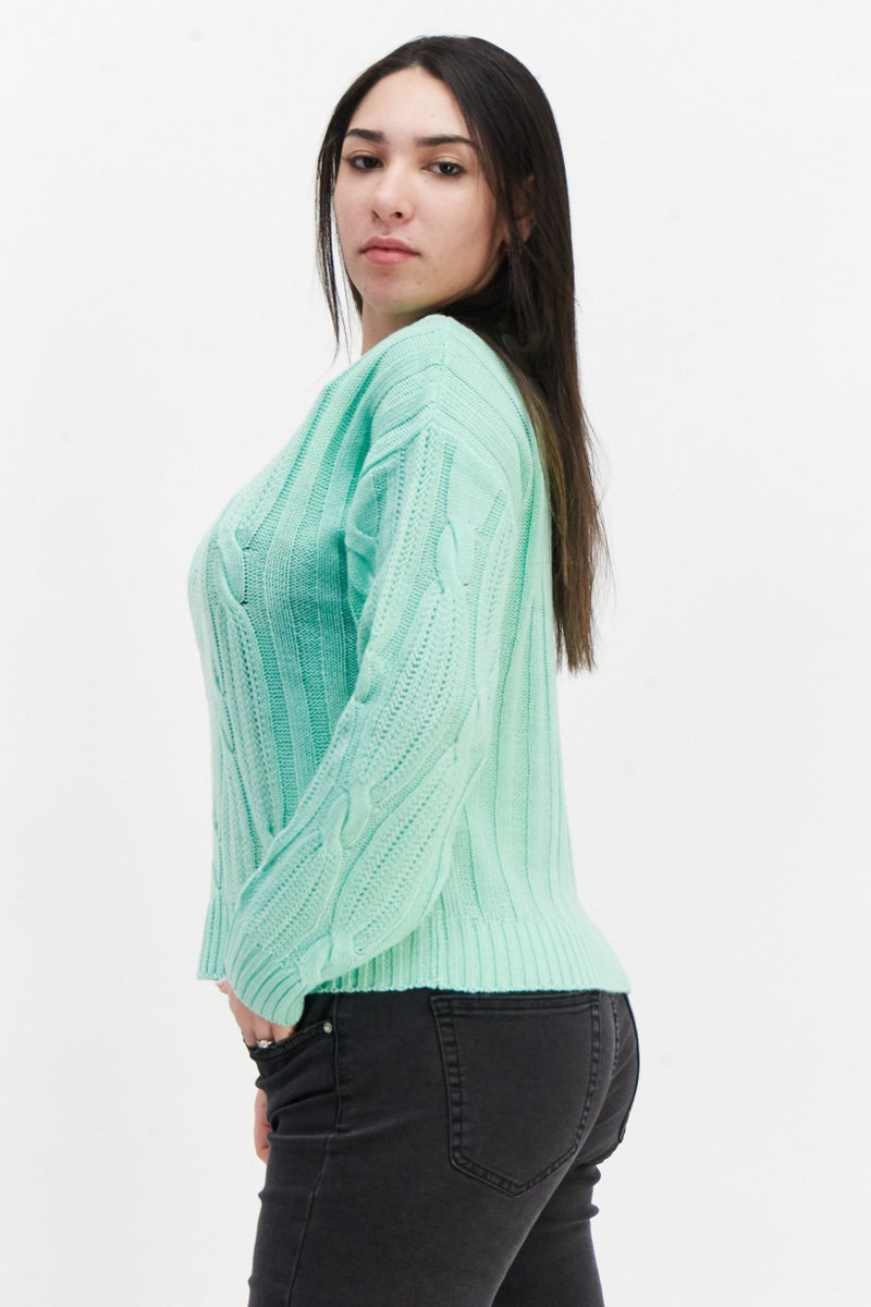 BRAVE SOUL Women Round Neck Long Sleeve Knitted Sweater, Mint Green  - Image 3
