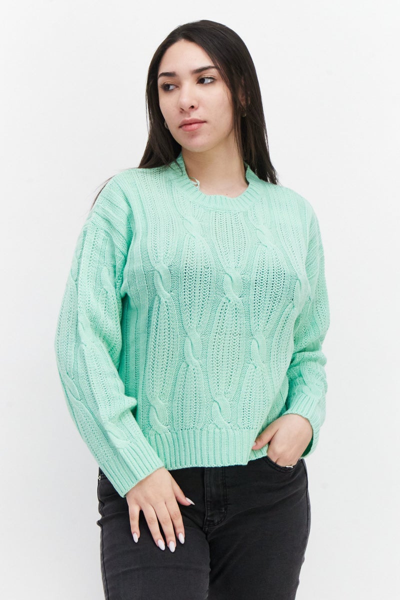 BRAVE SOUL Women Round Neck Long Sleeve Knitted Sweater, Mint Green  - Image 1