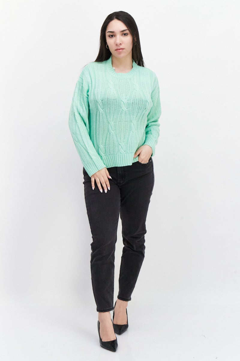BRAVE SOUL Women Round Neck Long Sleeve Knitted Sweater, Mint Green  - Image 4