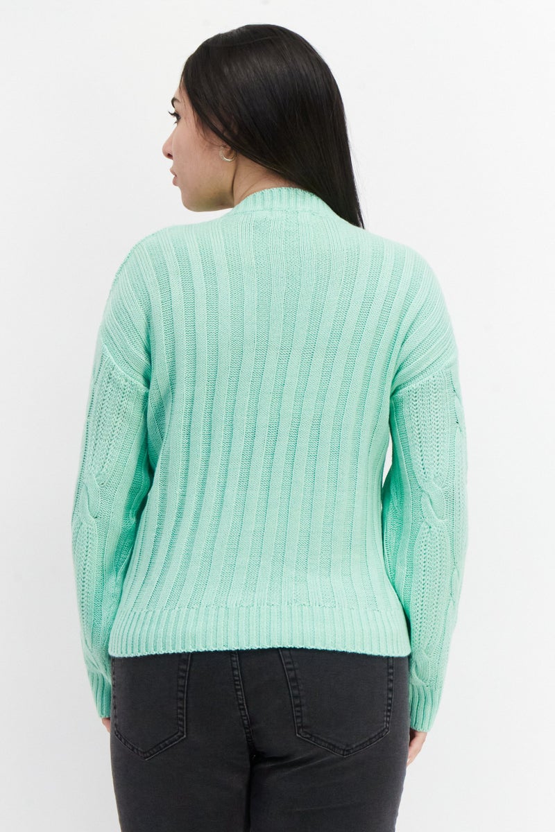 BRAVE SOUL Women Round Neck Long Sleeve Knitted Sweater, Mint Green  - Image 2