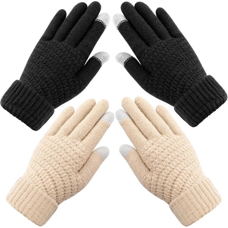 Premillow Womens Winter Gloves - 2 Pairs Touchscreen Winter Gloves for Women, Warm Glove with Elastic Cuff Knit Glove for Women Cold Weather,Black,Beige - Image 1