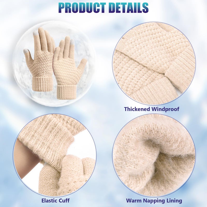 Premillow Womens Winter Gloves - 2 Pairs Touchscreen Winter Gloves for Women, Warm Glove with Elastic Cuff Knit Glove for Women Cold Weather,Black,Beige - Image 3