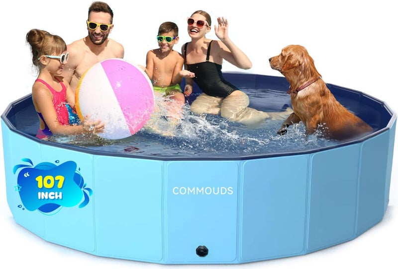 COMMOUDS 107 Inch Foldable Dog Pool, Extra Large Collapsible Hard Plastic Dog Kiddie Swimming Pool, Portable Pet Bath Tub Wading Pools for Kids and Puppy Small Medium Large Dogs - Image 1