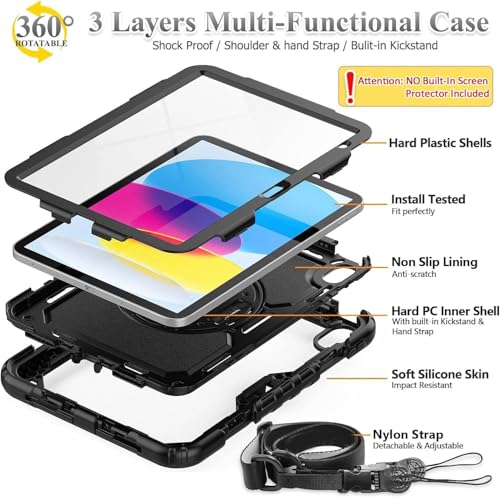 BMOUO Case for iPad (A16) 11th Generation 11" 2025/iPad 10th Generation 10.9 inch 2022, 360 Rotating Stand & Pencil Holder & Hand & Shoulder Strap Shockproof iPad 11th/10th Generation Case, Black - Image 3