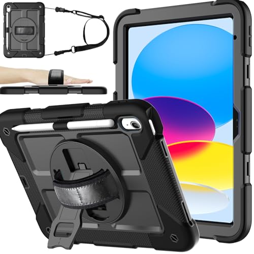 BMOUO Case for iPad (A16) 11th Generation 11" 2025/iPad 10th Generation 10.9 inch 2022, 360 Rotating Stand & Pencil Holder & Hand & Shoulder Strap Shockproof iPad 11th/10th Generation Case, Black - Image 1