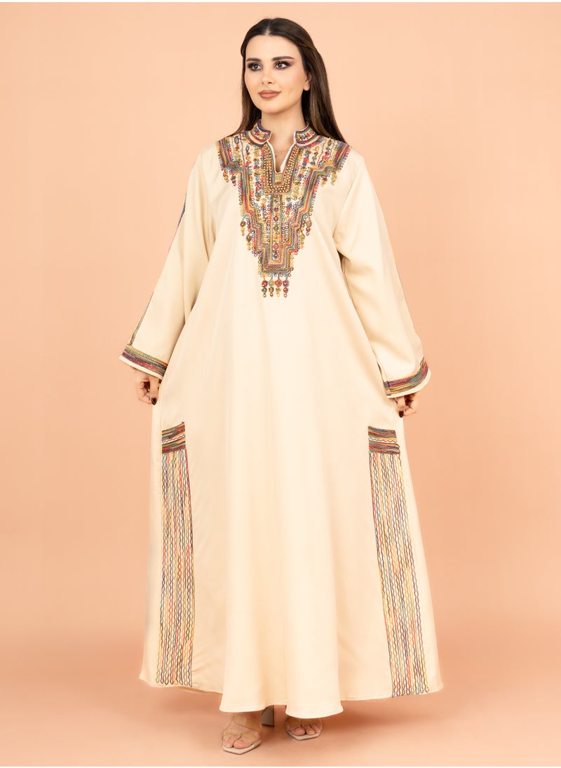 IKKXA Solid Embroidered Jalabiya IK4003 Beige  - Image 1