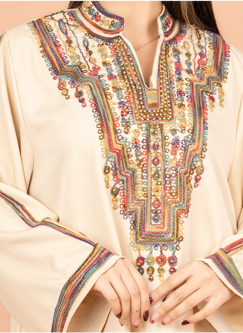 IKKXA Solid Embroidered Jalabiya IK4003 Beige  - Image 2