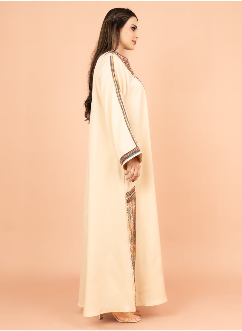 IKKXA Solid Embroidered Jalabiya IK4003 Beige  - Image 3