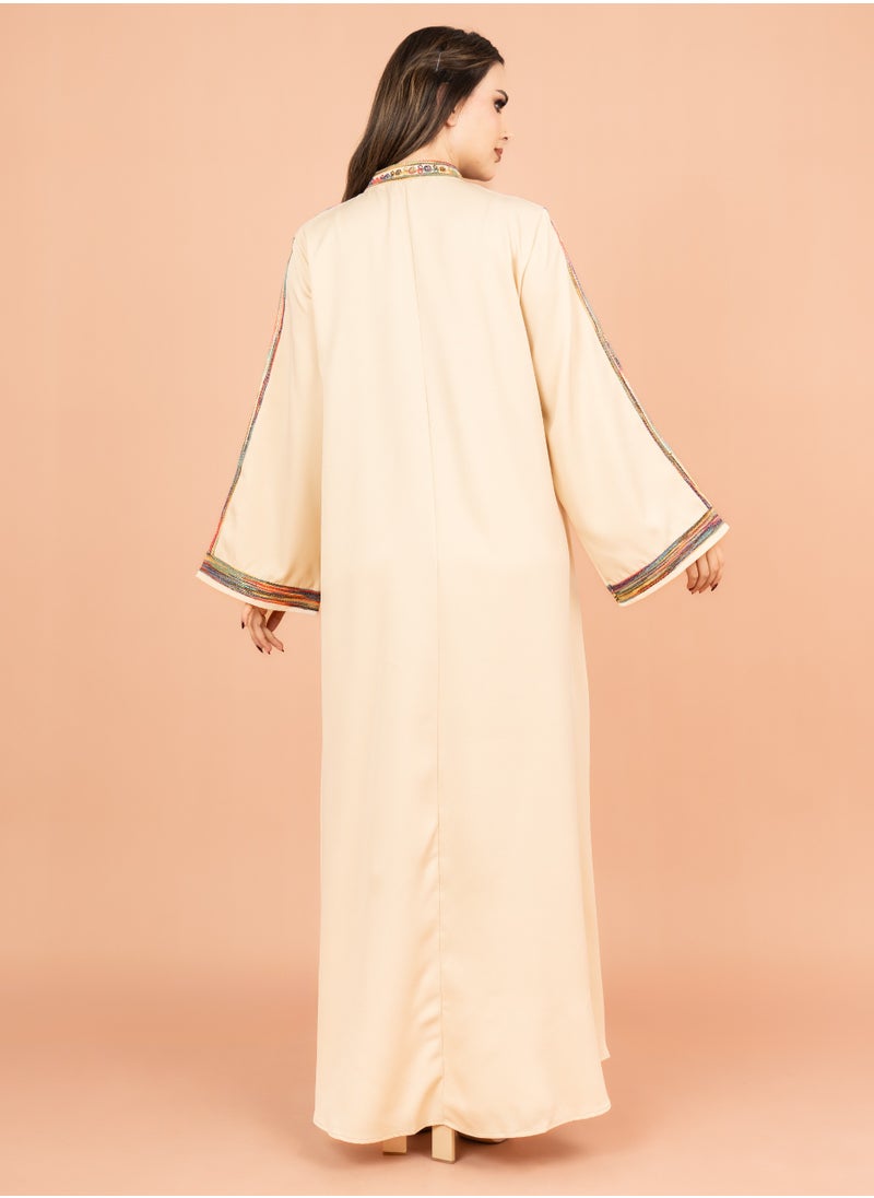 IKKXA Solid Embroidered Jalabiya IK4003 Beige  - Image 4