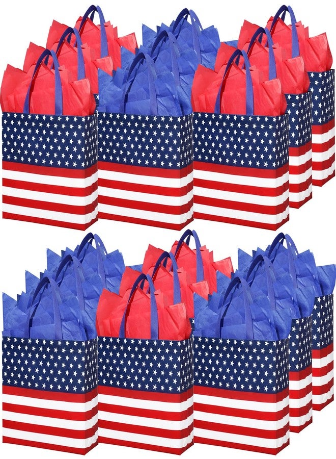 Wesnoy 20 Pack American Flag Reusable Gift Bags, 12" Large 4th of July Patriotic Party Favor Tote with Handle and Tissue Paper, Red White Blue Non Woven Goodie Bag for Independence Day Party Supplies - Image 1