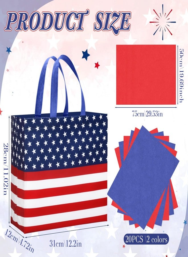 Wesnoy 20 Pack American Flag Reusable Gift Bags, 12" Large 4th of July Patriotic Party Favor Tote with Handle and Tissue Paper, Red White Blue Non Woven Goodie Bag for Independence Day Party Supplies - Image 2