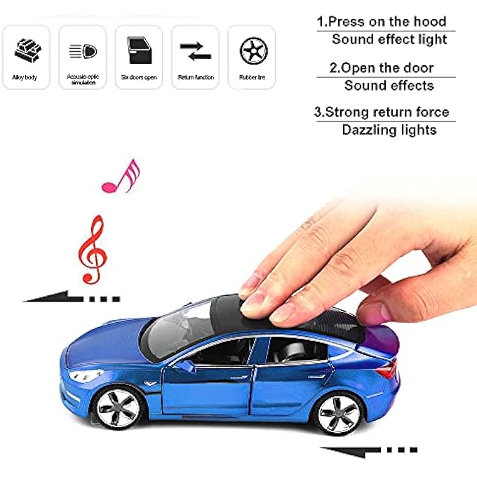 DIECAST TOY CAR MODEL 3 CAR MODEL,ZINC ALLOY SIMULATION CASTING TESLA CAR MODEL PULL BACK VEHICLES,1:32 SCALE MINI VEHICLES TOYS WITH LIGHTS AND MUSIC FOR TODDLERS KIDS CHILDREN BIRTHDAY GIFT (BLUE) - Image 3