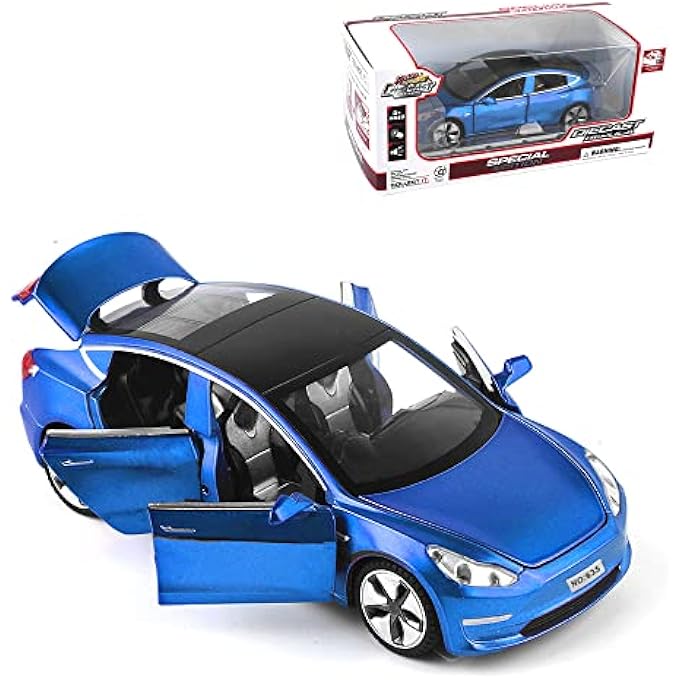 DIECAST TOY CAR MODEL 3 CAR MODEL,ZINC ALLOY SIMULATION CASTING TESLA CAR MODEL PULL BACK VEHICLES,1:32 SCALE MINI VEHICLES TOYS WITH LIGHTS AND MUSIC FOR TODDLERS KIDS CHILDREN BIRTHDAY GIFT (BLUE) - Image 1