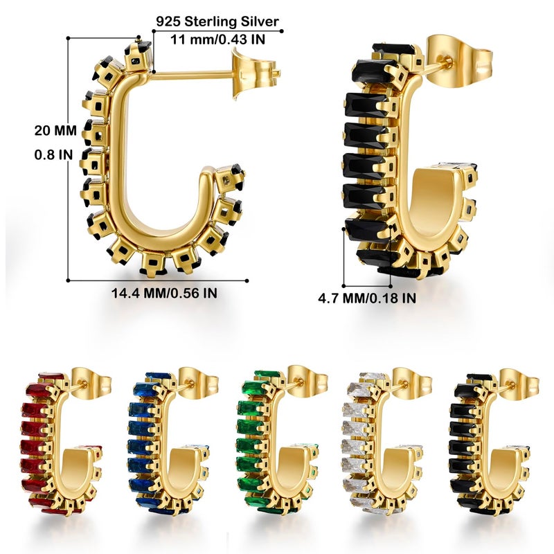 FRUMOS Earrings for Women Girls,14K Gold Plated Hoop Earrings with 925 Sterling Silver Post Cubic Zirconia Huggie | CZ Stud Earring (Black CZ C Shape Earrings) - Image 2