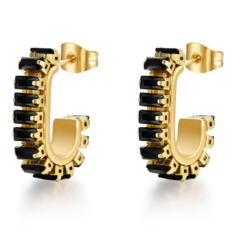 FRUMOS Earrings for Women Girls,14K Gold Plated Hoop Earrings with 925 Sterling Silver Post Cubic Zirconia Huggie | CZ Stud Earring (Black CZ C Shape Earrings) - Image 1