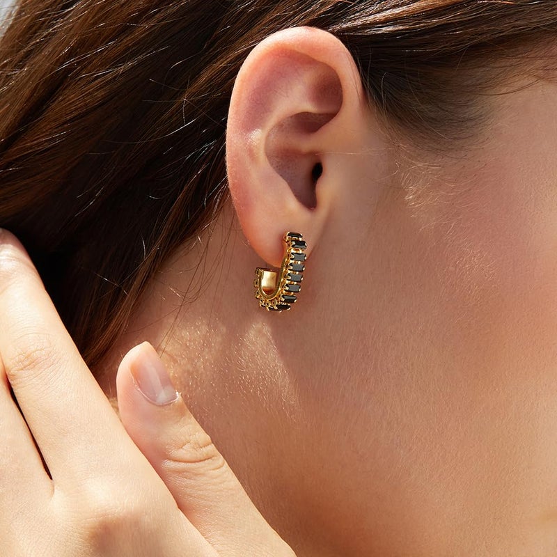 FRUMOS Earrings for Women Girls,14K Gold Plated Hoop Earrings with 925 Sterling Silver Post Cubic Zirconia Huggie | CZ Stud Earring (Black CZ C Shape Earrings) - Image 4